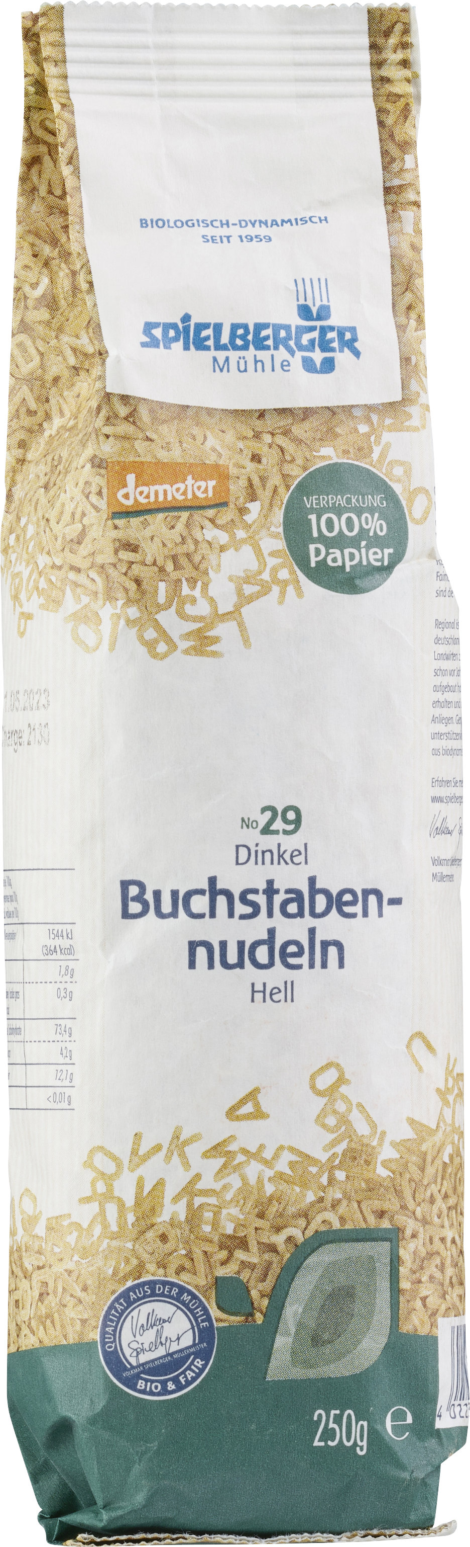 Dinkel Buchstabennudeln, hell, demeter